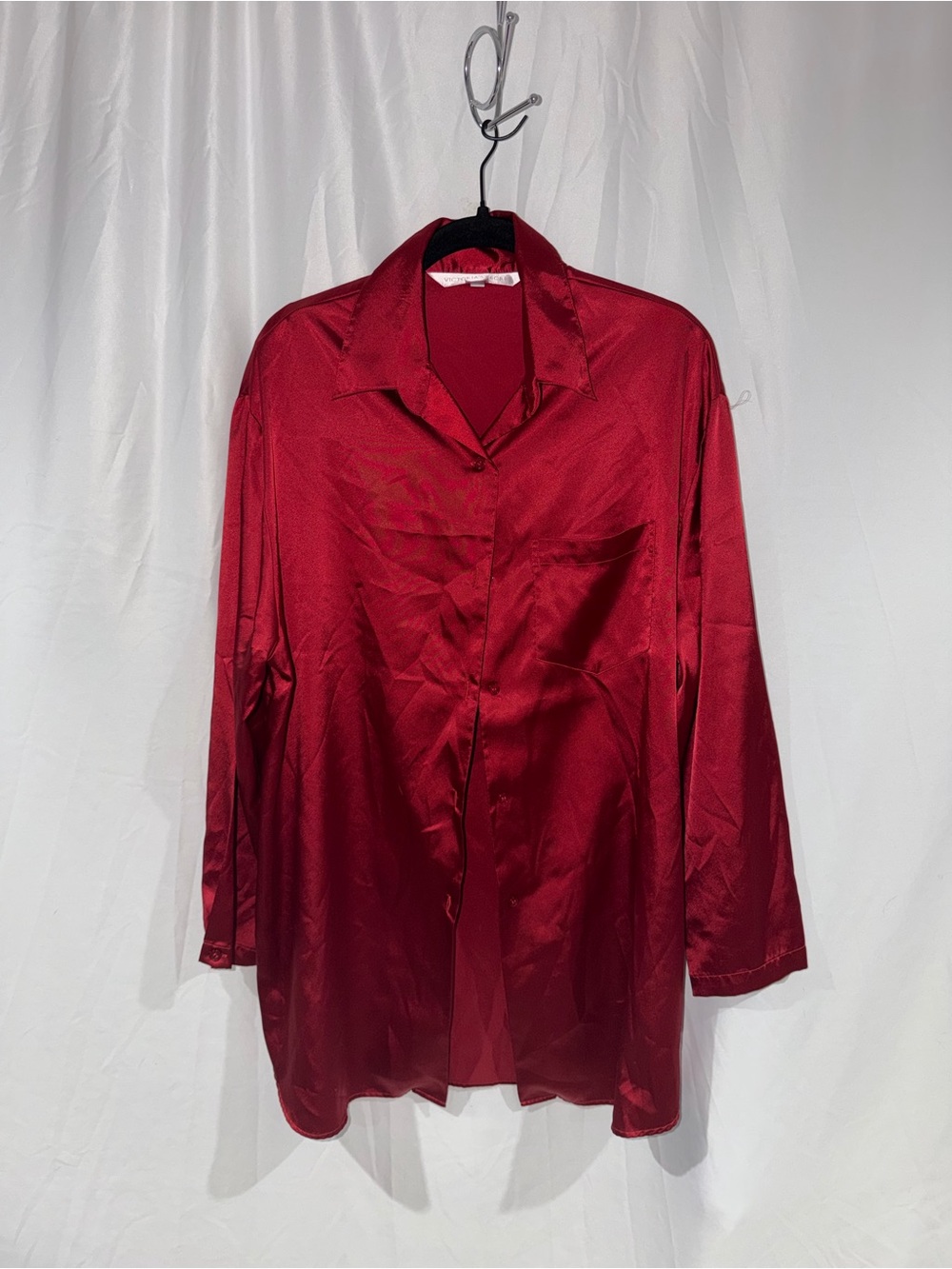 Victoria’s Secret Silky Red Satin Button-Up Blouse Dress Long Sleeve Collared